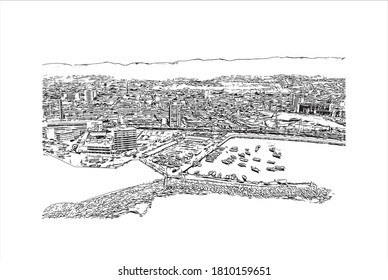 Building view with landmark of Antofagasta is a port city and regional capital in a mining area in northern Chile’s Atacama Desert. Hand drawn sketch illustration in vector.