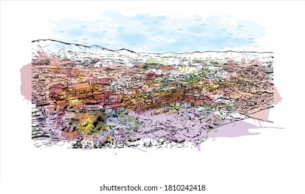 Building view with landmark of Antsirabe is the capital city of the Vakinankaratra region, in the central highlands of Madagascar. Watercolor splash with hand drawn sketch illustration in vector.