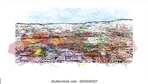 Building view with landmark of Antsirabe is the capital city of the Vakinankaratra region, in the central highlands of Madagascar. Watercolor splash with hand drawn sketch illustration in vector.