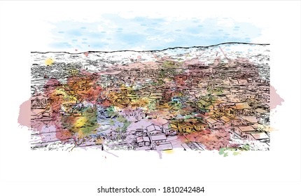 Building view with landmark of Antsirabe is the capital city of the Vakinankaratra region, in the central highlands of Madagascar. Watercolor splash with hand drawn sketch illustration in vector.
