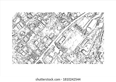 Building view with landmark of Antsirabe is the capital city of the Vakinankaratra region, in the central highlands of Madagascar. Hand drawn sketch illustration in vector.