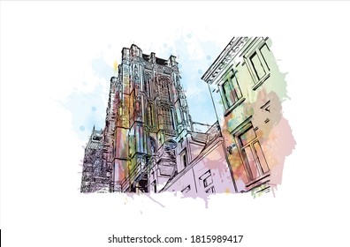 Building view with landmark of Antwerp is a city in Belgium. Watercolor splash with Hand drawn sketch illustration in vector.