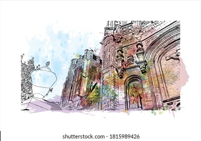 Building view with landmark of Antwerp is a city in Belgium. Watercolor splash with Hand drawn sketch illustration in vector.