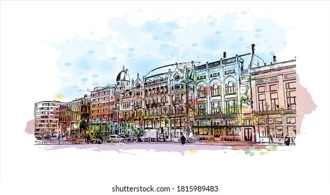 Building view with landmark of Antwerp is a city in Belgium. Watercolor splash with Hand drawn sketch illustration in vector.