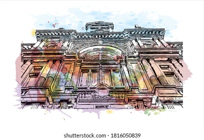 Building view with landmark of Antwerp is a city in Belgium. Watercolor splash with hand drawn sketch illustration in vector.