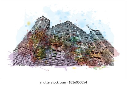 Building view with landmark of Antwerp is a city in Belgium. Watercolor splash with hand drawn sketch illustration in vector.