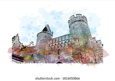Building view with landmark of Antwerp is a city in Belgium. Watercolor splash with hand drawn sketch illustration in vector.