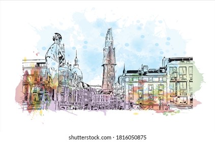 Building view with landmark of Antwerp is a city in Belgium. Watercolor splash with hand drawn sketch illustration in vector.