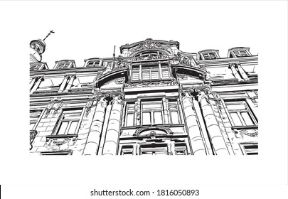 Building view with landmark of Antwerp is a city in Belgium. Hand drawn sketch illustration in vector.