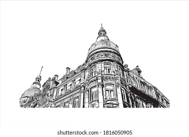 Building view with landmark of Antwerp is a city in Belgium. Hand drawn sketch illustration in vector.