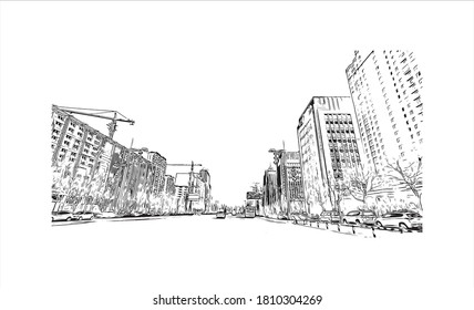 Building view with landmark of Anyang is a prefecture-level city in Henan province, China.Hand drawn sketch  illustration in vector.