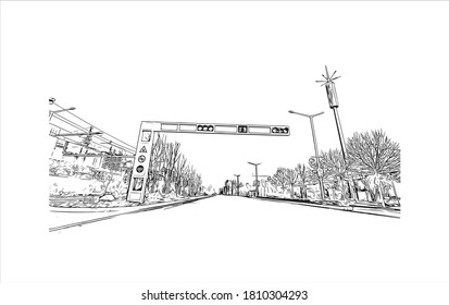 Building view with landmark of Anyang is a prefecture-level city in Henan province, China.Hand drawn sketch  illustration in vector.