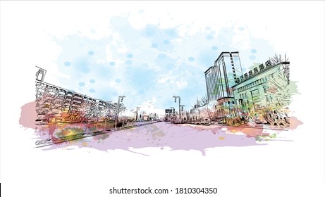 Building view with landmark of Anyang is a prefecture-level city in Henan province, China. Watercolor splash with hand drawn sketch  illustration in vector.