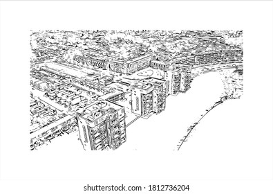Building view with landmark of Apeldoorn is a municipality and city in the province of Gelderland in the centre of the Netherlands. Hand drawn sketch illustration in vector.