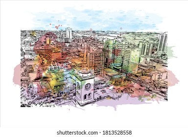 Building view with landmark of Apucarana is a municipality in the state of Parana in Brazil. Watercolor splash with hand drawn sketch illustration in vector.