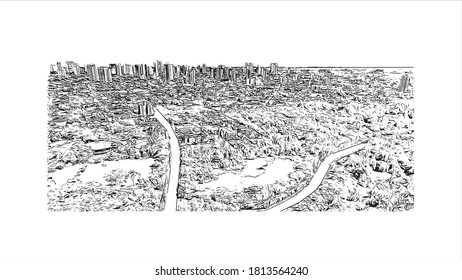 Building view with landmark of Aracatuba is a city located in the northwest of Sao Paulo state, Brazil. Hand drawn sketch illustration in vector.