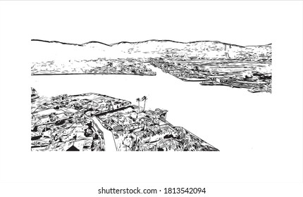 Building view with landmark of Araruama is a municipality in the state of Rio de Janeiro, Brazil.  Hand drawn sketch illustration in vector.