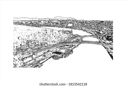 Building view with landmark of Araruama is a municipality in the state of Rio de Janeiro, Brazil.  Hand drawn sketch illustration in vector.