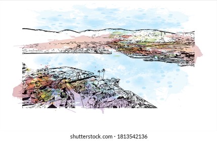 Building view with landmark of Araruama is a municipality in the state of Rio de Janeiro, Brazil.  Watercolor splash with hand drawn sketch illustration in vector.