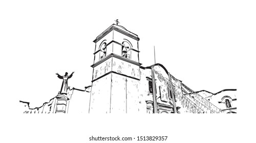 Building view with landmark of Arequipa is the colonial-era capital of Peru’s Arequipa Region. Hand drawn sketch illustration in vector.