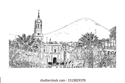 Building view with landmark of Arequipa is the colonial-era capital of Peru’s Arequipa Region. Hand drawn sketch illustration in vector.