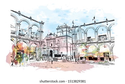 Building view with landmark of Arequipa is the colonial-era capital of Peru’s Arequipa Region. Watercolor splash with Hand drawn sketch illustration in vector.