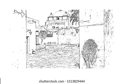 Building view with landmark of Arequipa is the colonial-era capital of Peru’s Arequipa Region. Hand drawn sketch illustration in vector.