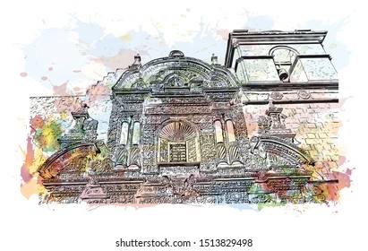 Building view with landmark of Arequipa is the colonial-era capital of Peru’s Arequipa Region. Watercolor splash with Hand drawn sketch illustration in vector.