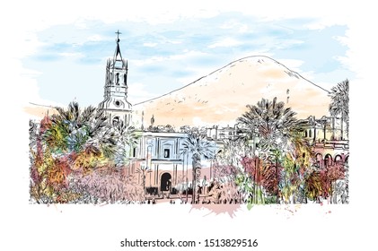 Building view with landmark of Arequipa is the colonial-era capital of Peru’s Arequipa Region. Watercolor splash with Hand drawn sketch illustration in vector.