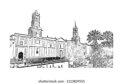 Building view with landmark of Arequipa is the colonial-era capital of Peru’s Arequipa Region. Hand drawn sketch illustration in vector.