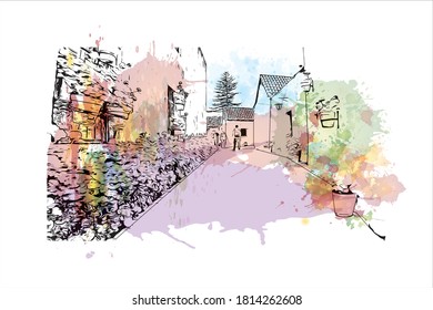 Building view with landmark of Arequipa is the colonial-era capital of Peru’s Arequipa Region. Watercolor splash with hand drawn sketch illustration in vector.