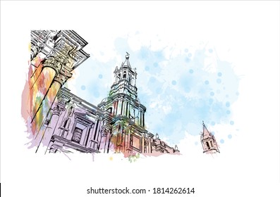 Building view with landmark of Arequipa is the colonial-era capital of Peru’s Arequipa Region. Watercolor splash with hand drawn sketch illustration in vector.