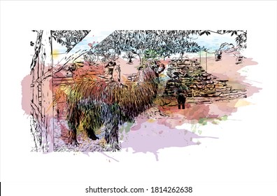 Building view with landmark of Arequipa is the colonial-era capital of Peru’s Arequipa Region. Watercolor splash with hand drawn sketch illustration in vector.