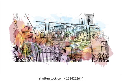 Building view with landmark of Arequipa is the colonial-era capital of Peru’s Arequipa Region. Watercolor splash with hand drawn sketch illustration in vector.