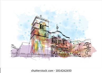 Building view with landmark of Arequipa is the colonial-era capital of Peru’s Arequipa Region. Watercolor splash with hand drawn sketch illustration in vector.