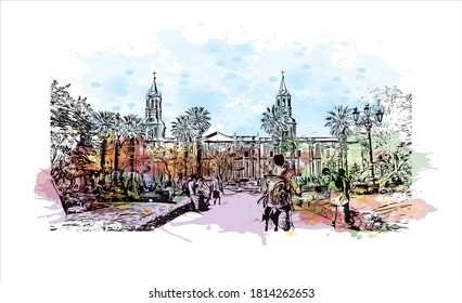 Building view with landmark of Arequipa is the colonial-era capital of Peru’s Arequipa Region. Watercolor splash with hand drawn sketch illustration in vector.