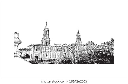 Building view with landmark of Arequipa is the colonial-era capital of Peru’s Arequipa Region. Hand drawn sketch illustration in vector.