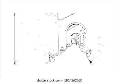 Building view with landmark of Arequipa is the colonial-era capital of Peru’s Arequipa Region. Hand drawn sketch illustration in vector.