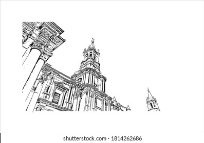 Building view with landmark of Arequipa is the colonial-era capital of Peru’s Arequipa Region. Hand drawn sketch illustration in vector.