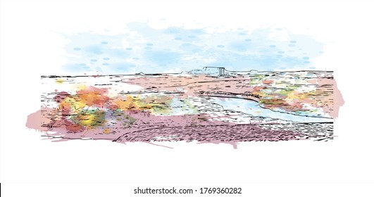 Building view with landmark of Arizona City is a census-designated place  in southwestern Pinal County, Arizona, in the United States. Watercolor splash with hand drown sketch illustration in vector.