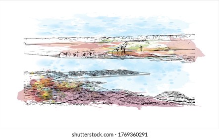 Building view with landmark of Arizona City is a census-designated place  in southwestern Pinal County, Arizona, in the United States. Watercolor splash with hand drown sketch illustration in vector.