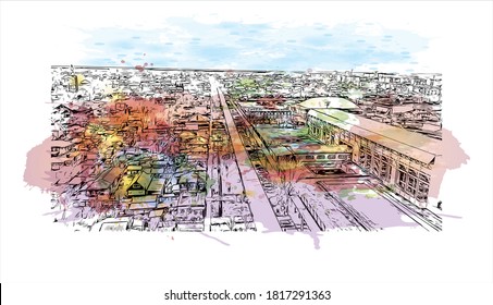 Building view with landmark of Armavir is a city in Krasnodar Krai. Watercolor splash with hand drawn sketch illustration in vector.
