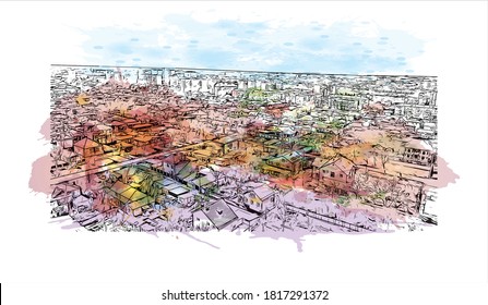 Building view with landmark of Armavir is a city in Krasnodar Krai. Watercolor splash with hand drawn sketch illustration in vector.