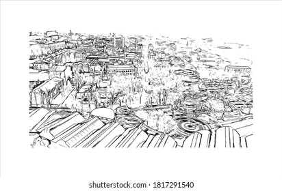 Building view with landmark of Armavir is a city in Krasnodar Krai. Hand drawn sketch illustration in vector.