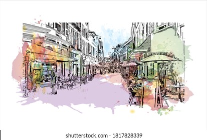 Building view with landmark of Arnhem is a city and municipality situated in the eastern part of the Netherlands. Watercolor splash with hand drawn sketch illustration in vector.