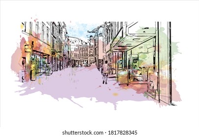 Building view with landmark of Arnhem is a city and municipality situated in the eastern part of the Netherlands. Watercolor splash with hand drawn sketch illustration in vector.