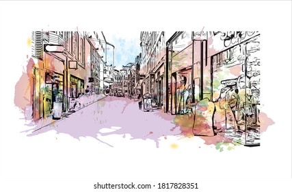 Building view with landmark of Arnhem is a city and municipality situated in the eastern part of the Netherlands. Watercolor splash with hand drawn sketch illustration in vector.