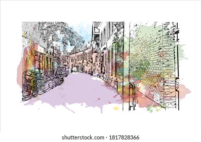 Building view with landmark of Arnhem is a city and municipality situated in the eastern part of the Netherlands. Watercolor splash with hand drawn sketch illustration in vector.