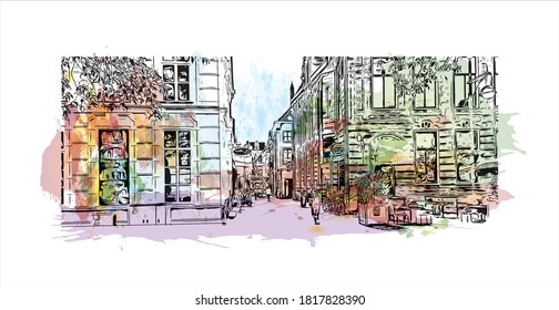 Building view with landmark of Arnhem is a city and municipality situated in the eastern part of the Netherlands. Watercolor splash with hand drawn sketch illustration in vector.