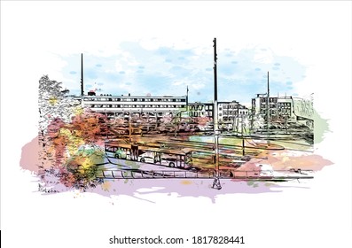 La vista de los edificios con un punto de referencia de Arnhem es una ciudad y municipio situada en la parte oriental de los Países Bajos. Salto de color de agua con ilustración de esbozo dibujada a mano en vector.